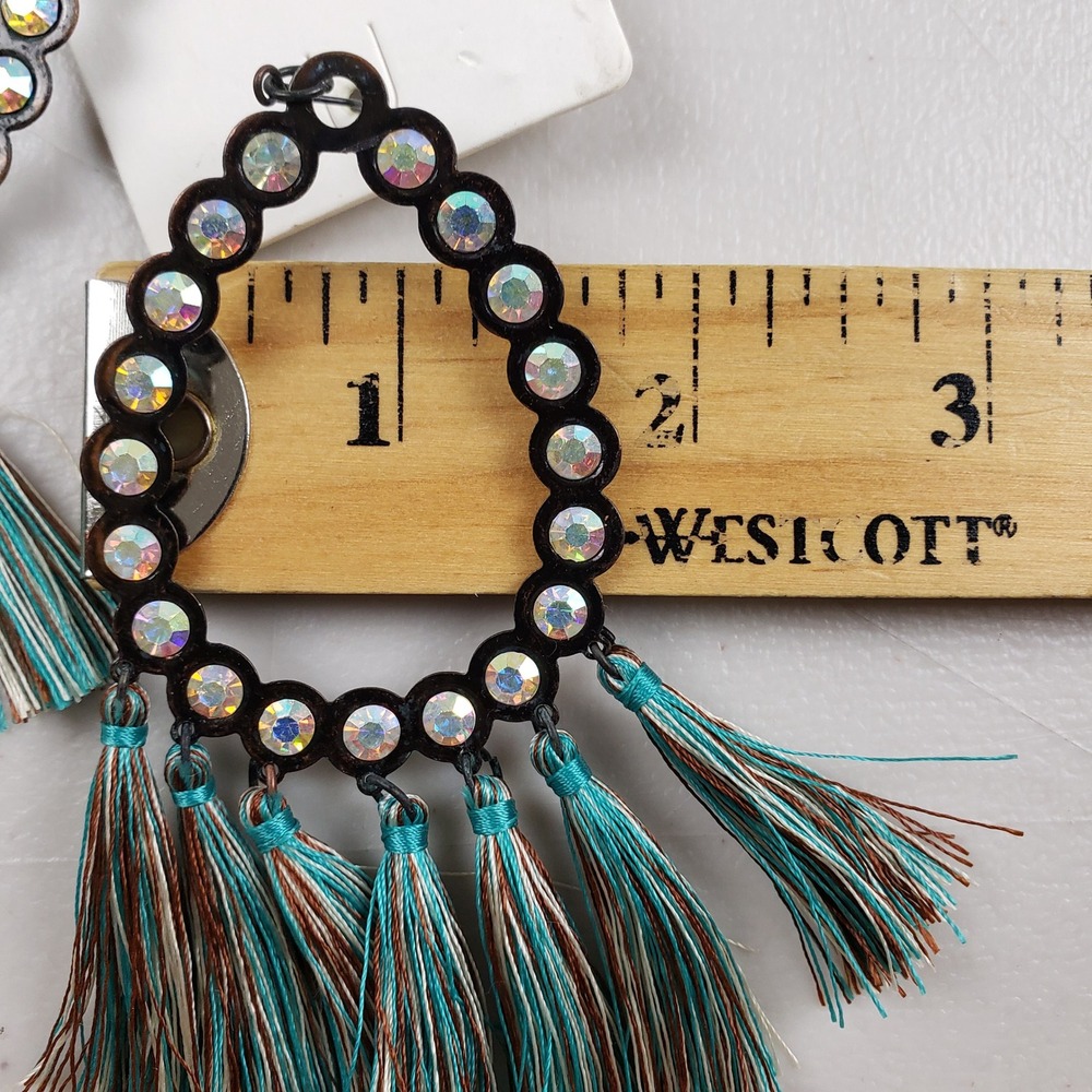Boho Teal Brown Tassel Statement Earrings AB Crystal Copper Verdigris Boho Chic - Picture 7 of 7